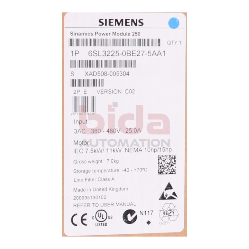 Siemens 6SL3225-0BE27-5AA1 Power Module 3AC 380-480V 25A