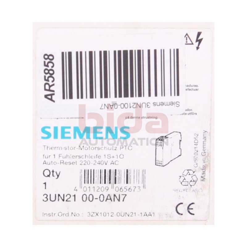 Siemens 3UN2100-0AN7 Motorschutzrelais Thermistor Relais