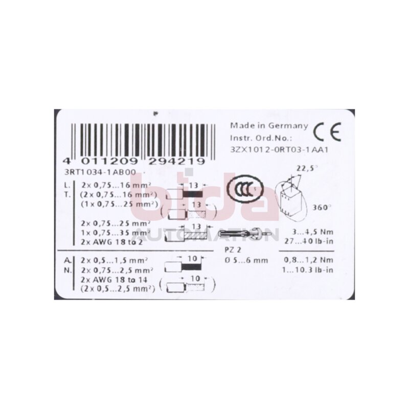 Siemens 3RT1034-1AB00 (3RT1034-1A..0) Leistungssch&uuml;tz / Power Contactor 32 A 15 kW / 400 V AC 24 V