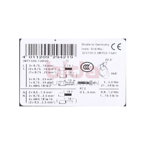 Siemens 3RT1034-1AB00 (3RT1034-1A..0) Leistungssch&uuml;tz / Power Contactor 32 A 15 kW / 400 V AC 24 V