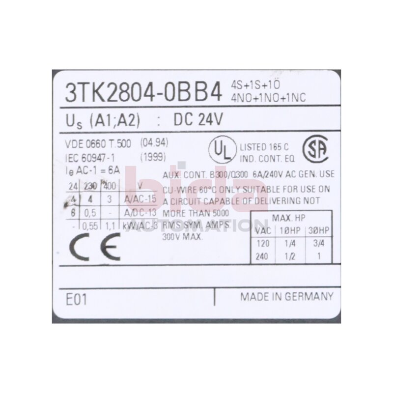 Siemens 3TK2804-0BB4 Sch&uuml;tzsicherheitskombination / Contactor safety combination 6A 240VAC