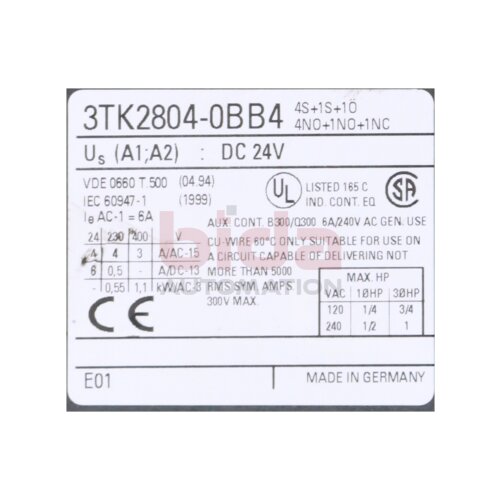 Siemens 3TK2804-0BB4 Sch&uuml;tzsicherheitskombination / Contactor safety combination 6A 240VAC