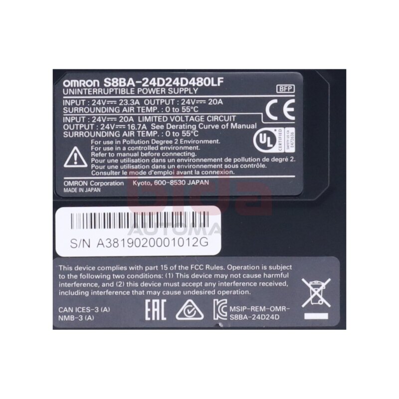 Omron S8BA-24D24D480LF Frequenzumrichter / Frequency Converter 24V 20A