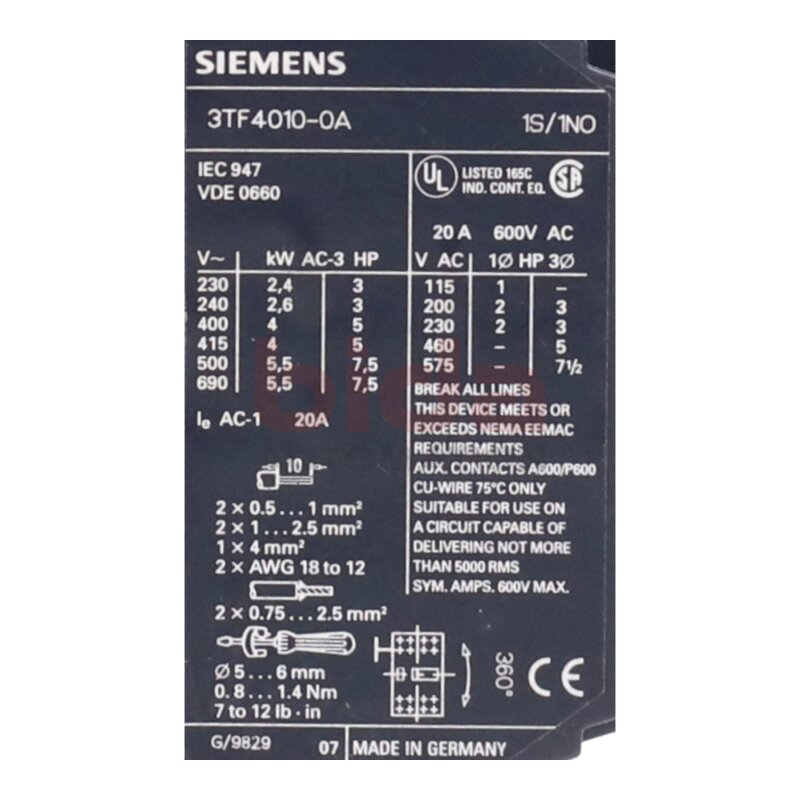 Siemens 3TF4010-0A Motorschutzschalter / Motor Protection Switch 24V
