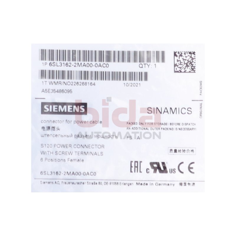 Siemens 6SL3162-2MA00-0AC0 SINAMICS S120 Leistungsstecker / power connector
