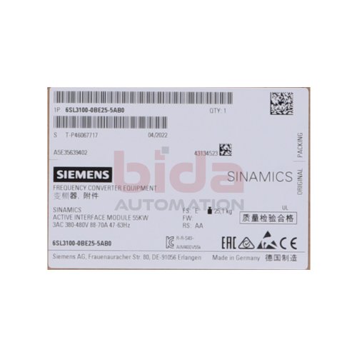 Siemens 6SL3100-0BE25-5AB0 SINAMICS S120 Active Interface Module 380-480V