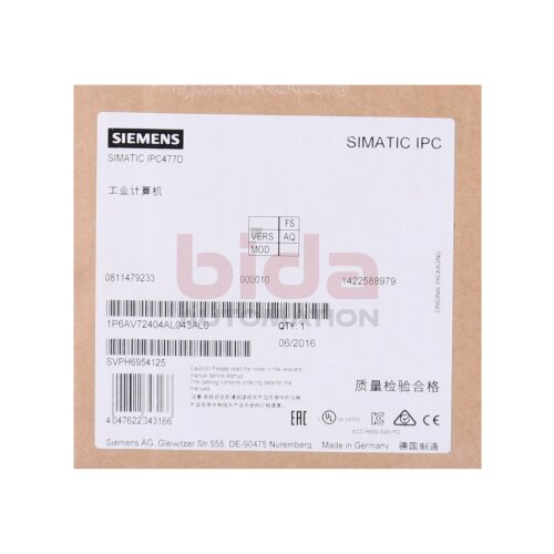 Siemens 6AV7240-4AL04-3AL0 /  6AV7 240-4AL04-3AL0 SIMATIC IPC 477D, 12" Touch Display