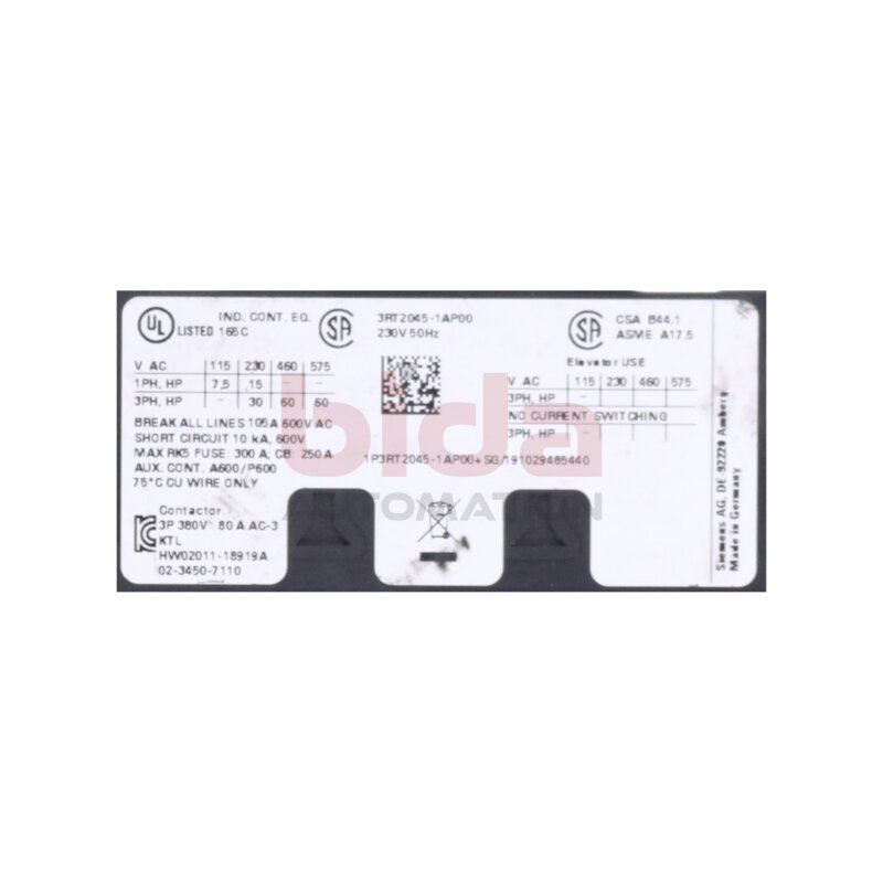 Siemens 3RT2045-1AP00 / 3RT2 045-1AP00 Leistungssch&uuml;tz / Power Contactor 80A 37kW 400V