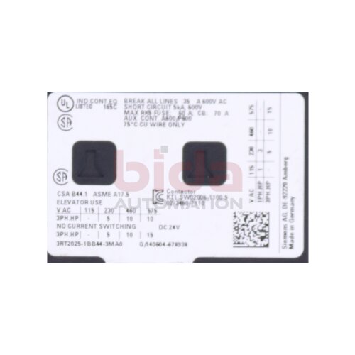 Siemens 3RT2025-1BB44-3MA0 / 3RT2 025-1BB44-3MA0 Leistungssch&uuml;tz / Power Contactor 17A 7,5kW 400V 24VDC