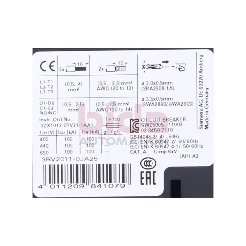 Siemens 3RV2011-0JA25 / 3RV2 011-0JA25 Leistungsschalter / Circuit Breaker 13A