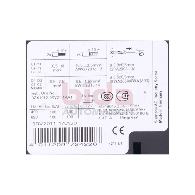 Siemens 3RV2011-1AA20 Leistungsschalter / Circuit Breaker 21A