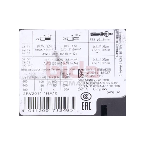 Siemens 3RV2011-1HA10  Leistungsschalter / Circuit Breaker  104A