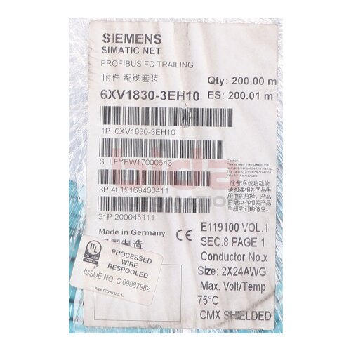 Siemens 6XV1830-3EH10 / 6XV1 830-3EH10  PROFIBUS FC Trailing Cable (200m)
