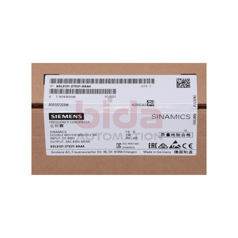 Siemens 6SL3121-2TE21-0AA4 SINAMICS S120 Frequenzumrichter / Frequency Converter 9A