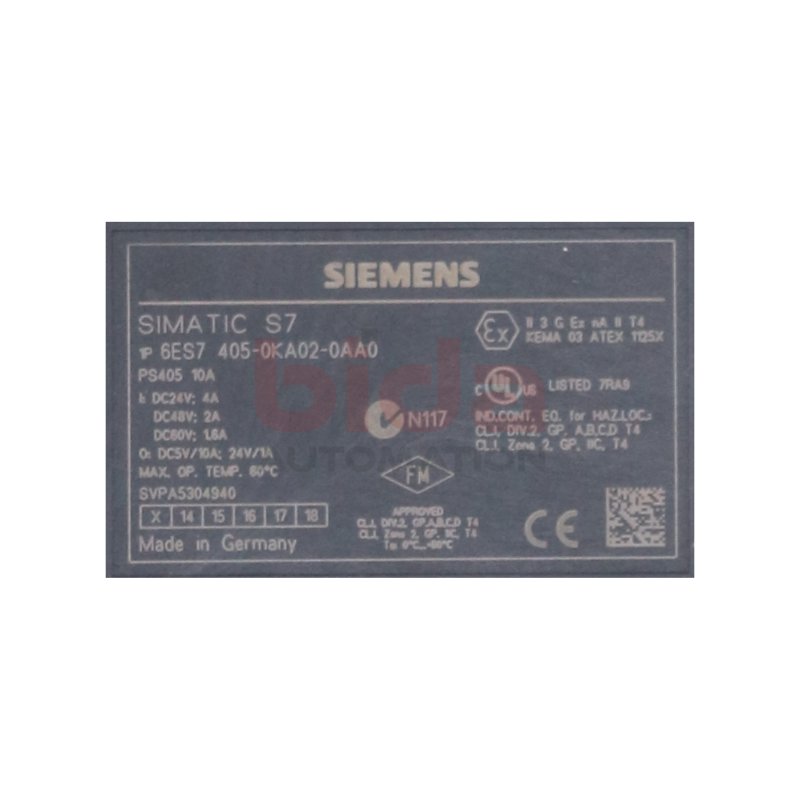 Siemens 6ES7 405-0KA02-0AA0 / 6ES7405-0KA02-0AA0 Stromversorgung / Power Supply 24V 10A