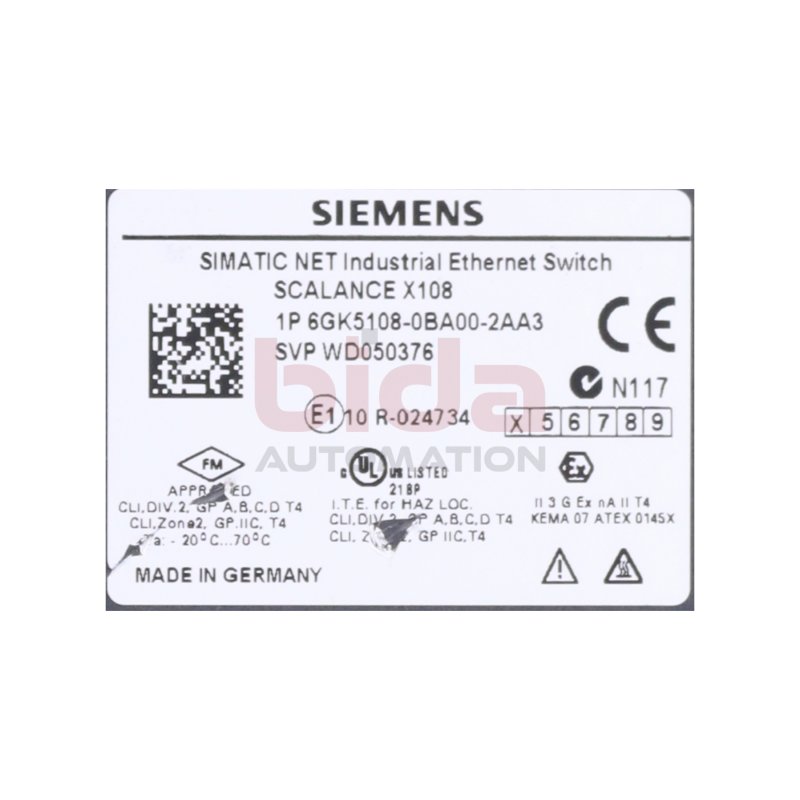 Siemens 6GK5108-0BA00-2AA3 / 6GK5 108-0BA00-2AA3 SCALANCE X108, unmanaged IE Switch 24V 0,15A