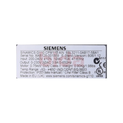 Siemens 6SL3211-0AB17-5BA1 / 6SL3 211-0AB17-5BA1 Frequenzumrichter / Frequency Converter 200-240V 10A