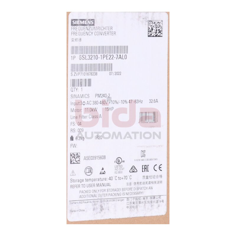Siemens 6SL3210-1PE22-7AL0 / 6SL3 210-1PE22-7AL0 Frequenzumrichter / Frequency Converter 380-480V