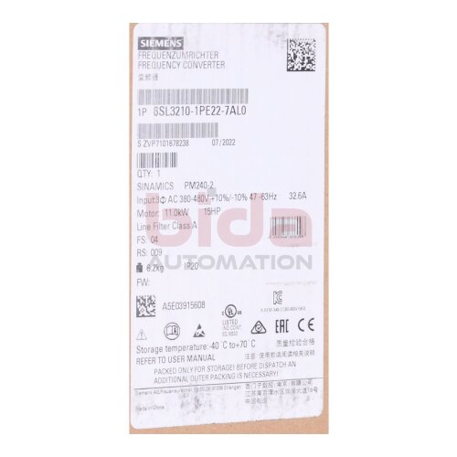 Siemens 6SL3210-1PE22-7AL0 / 6SL3 210-1PE22-7AL0 Frequenzumrichter / Frequency Converter 380-480V