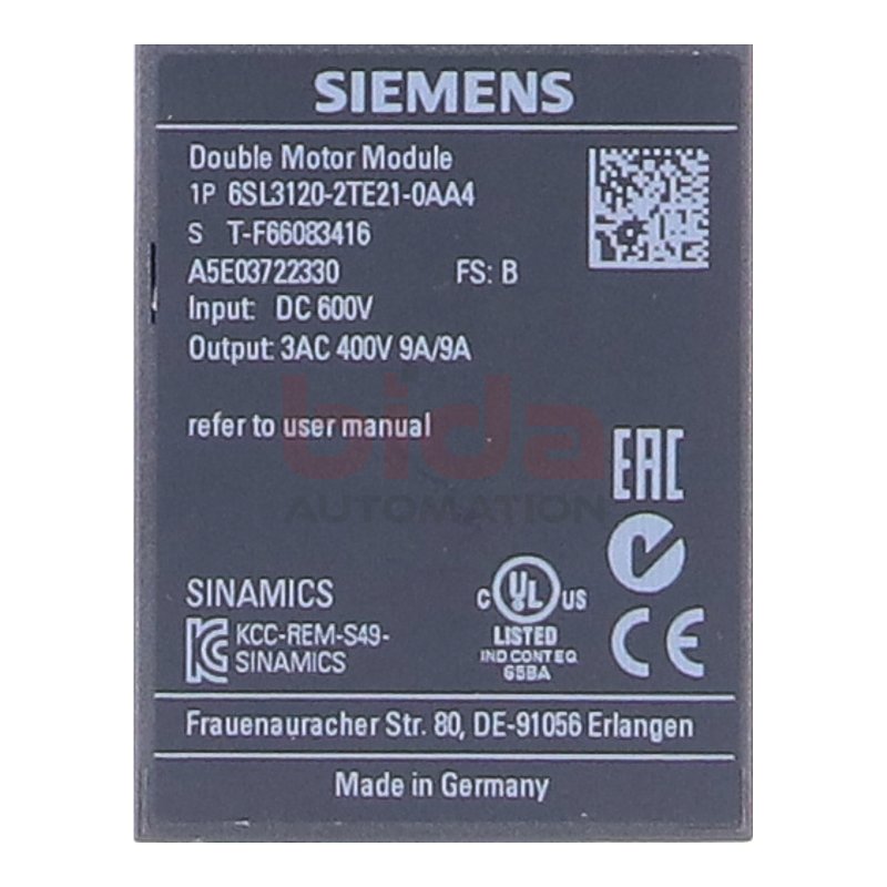Siemens 6SL3120-2TE21-0AA4 / 6SL3120-2TE21-0AA4 SINAMICS S120 Double Motor Module 600VDC 400V 9A