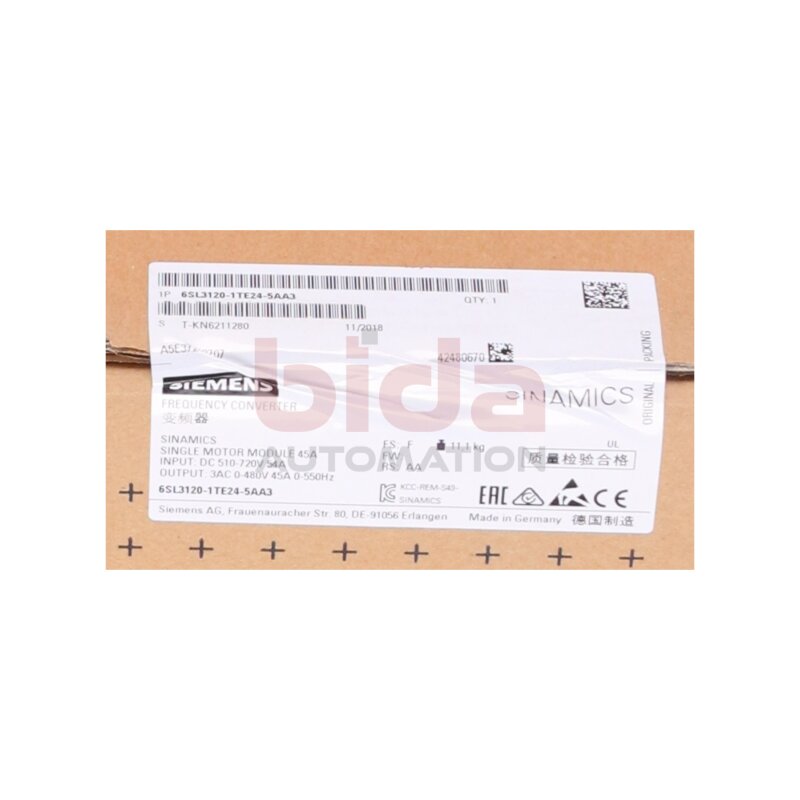 Siemens 6SL3120-1TE24-5AA3 / 6SL3 120-1TE24-5AA3 Single Motor-Module 600VDC 400V 45A