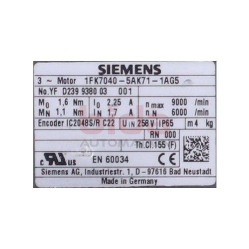 Siemens 1FK7040-5AK71-1AG5 / 1FK7 040-5AK71-1AG5 Synchron-Servomotor
