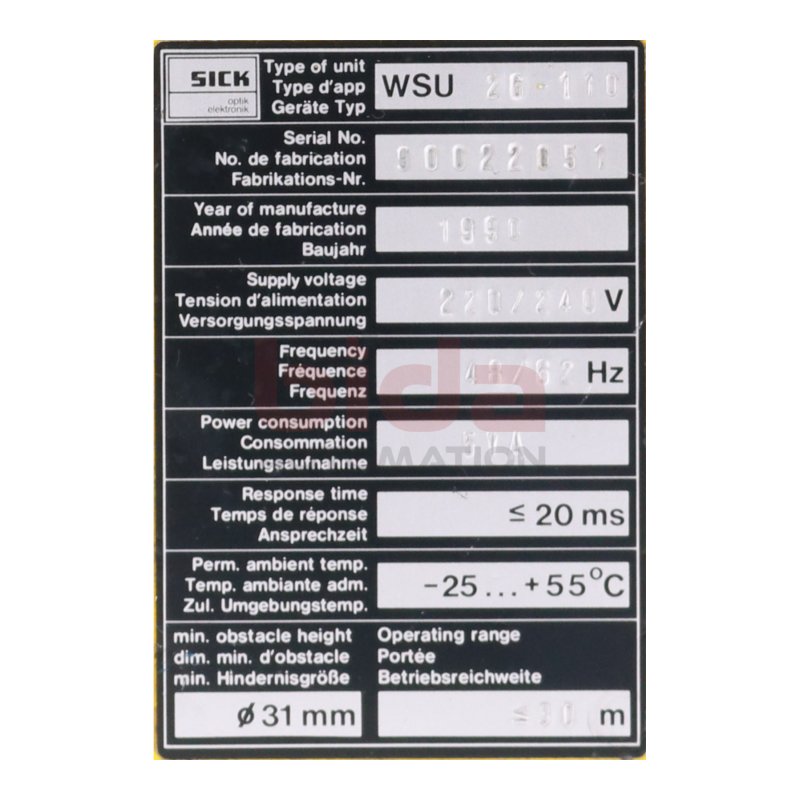 Sick WSU 26-110 Lichtschranke / Photoelectric Barrier 220/240V