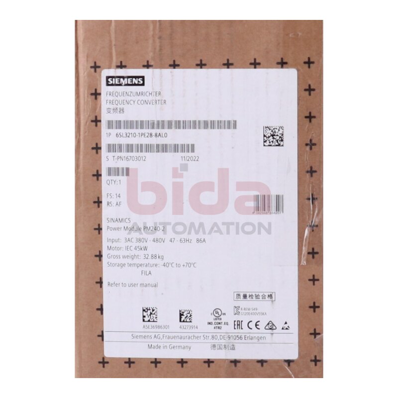 Siemens 6SL3210-1PE28-8AL0 / 6SL3 210-1PE28-8AL0  Frequenzumrichter / Frequency Converter 380-480V 86A