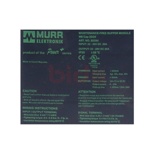 Murr Elektronik MB Cap 20/24 (85394) Maintenance- free Buffer Module 23-30VDC 20A
