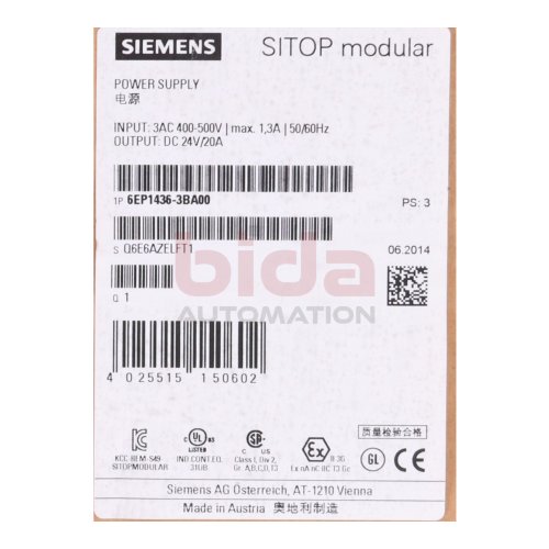 Siemens 6EP1436-3BA00 / 6EP1 436-3BA00  Stromversorgung / Power Supply 400-500V 24VDC 20A