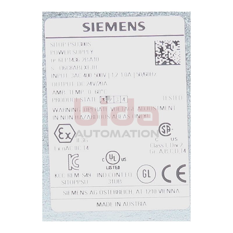 Siemens 6EP1436-2BA10 SITOP PSU300S 20 A Geregelte Stromversorgung 24V 20A