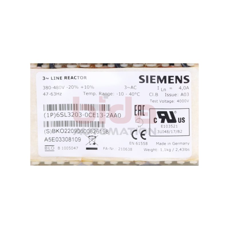 Siemens 6SL3203-0CE13-2AA0 / 6SL3 203-0CE13-2AA0 Netzdrossel / Mains choke 380-480V