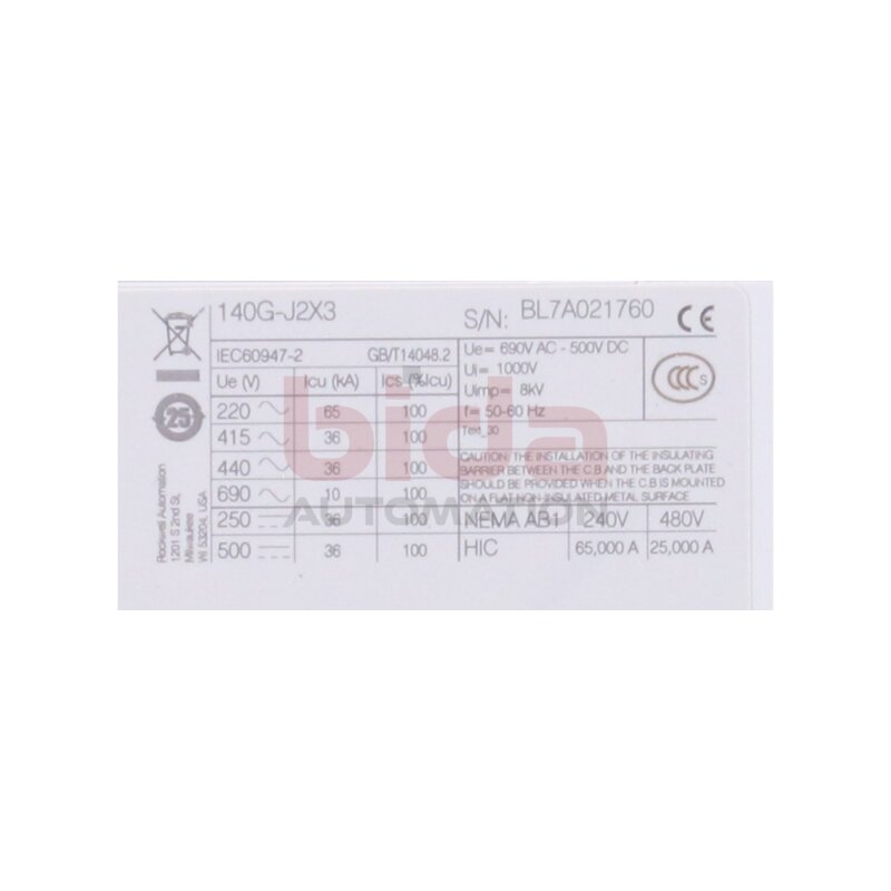 Allen-Bradley 140G-J2F3-C80 (00887172535093) Leistungsschalter / Circuit Breaker 80A