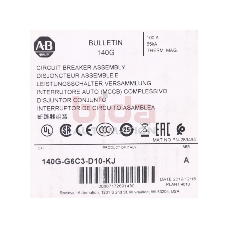 Allen-Bradley 140G-G6C3-D10-KJ Leitungsschutzschalter / Circuit Breaker 100A