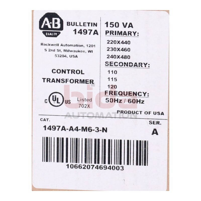 Allen Bradley 1497A-A4-M6-3-N (10662074694003) Steuertransformator / control transformer
