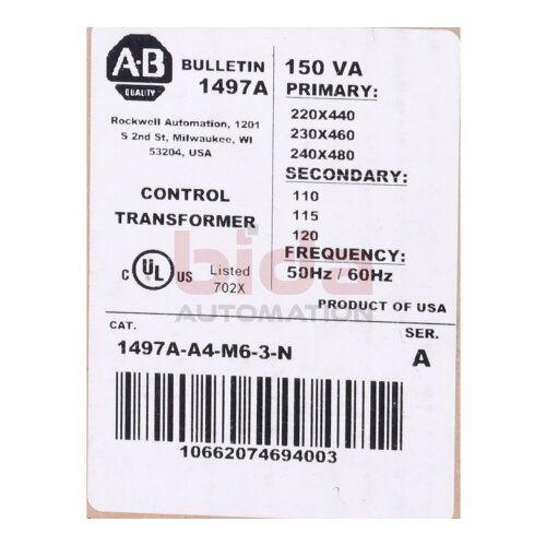 Allen Bradley 1497A-A4-M6-3-N (10662074694003) Steuertransformator / control transformer