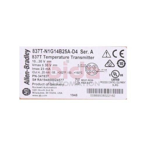 Allen Bradley 837T-N1G14B25A-D4 (00889508322162) - opened box / Temperature Transmitter 10...30V
