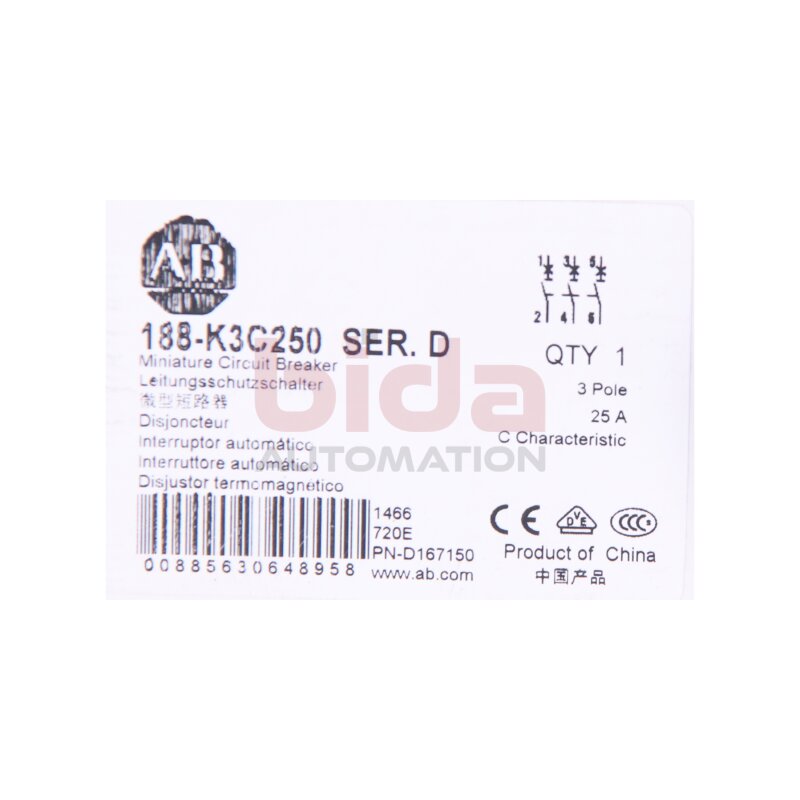 Allen-Bradley 188-K3C250 (00885630648958) Leistungsschalter / Miniatuare Circuit Breaker 25A 3-polig
