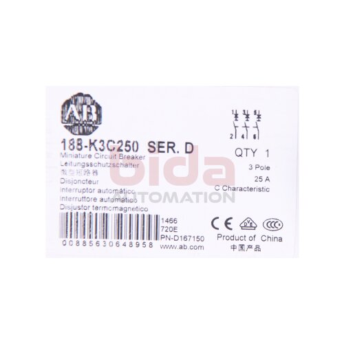 Allen-Bradley 188-K3C250 (00885630648958) Leistungsschalter / Miniatuare Circuit Breaker 25A 3-polig