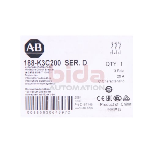 Allen-Bradley 188-K3200 (00885630648972) Leitungsschutzschalter / Miniature Circuit Breaker 20A 3-polig