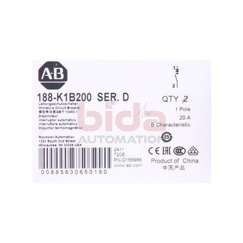 Allen-Bradley 188-K1B200 (00885630650180) Leitungsschutzschalter / Miniatur Circuit Breaker 20A 1-polig
