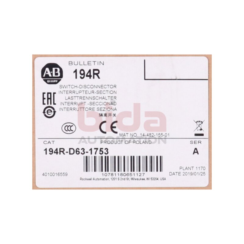 Allen-Bradley 194R-D63-1753 (10781180651127) Lasttrennschalter / Switch disconnector 690V 63A