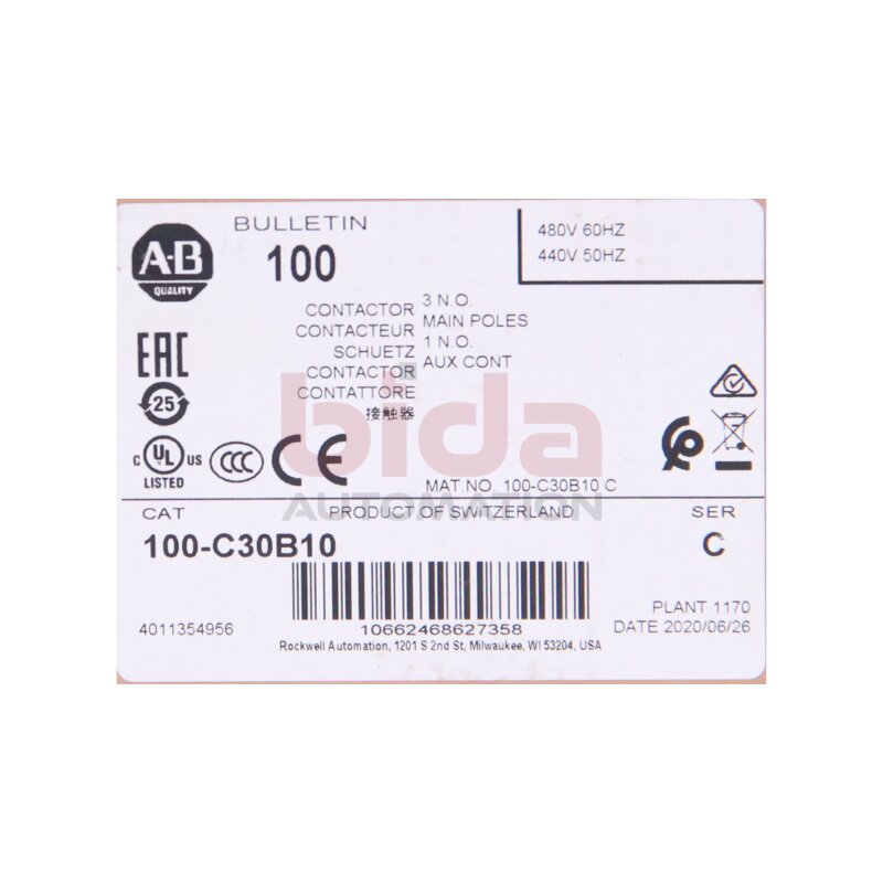 Allen-Bradley 100-C30B10 (10662468627358) Leistungssch&uuml;tz / Power Contactor 480V 440V