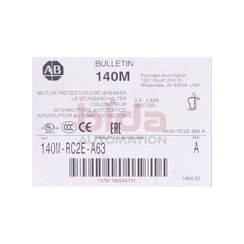 Allen Bradley 140M-RC2E-A63 (10781180043731) Leistungsschalter / Circuit Breaker