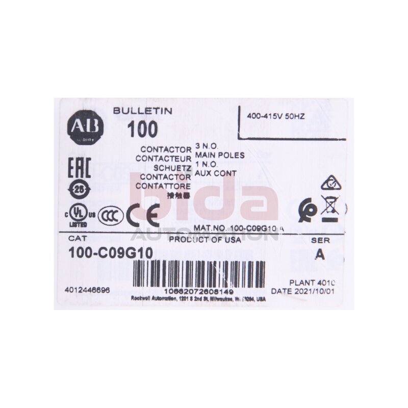 Allen-Bradley 100-C09G10 Leistungssch&uuml;tz / Power Contactor 400-415V