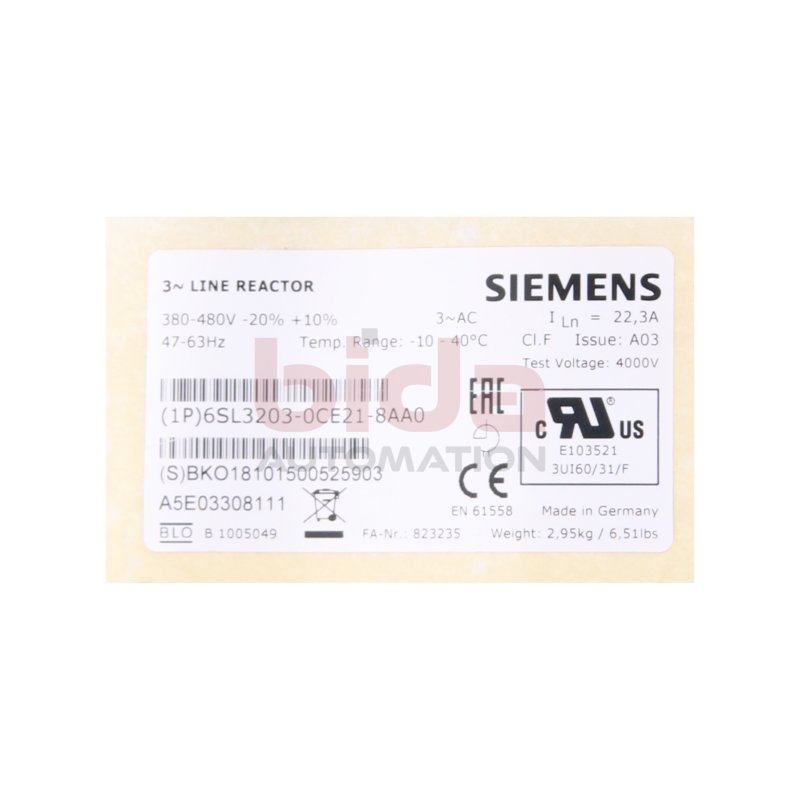 Siemens 6SL3203-0CE21-8AA0 / 6SL3 203-0CE21-8AA0 Netzdrossel / Mains Choke  380-480V