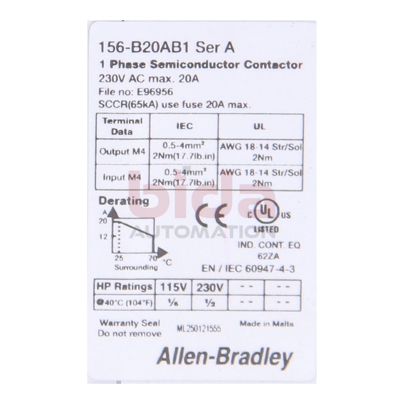 Allen-Bradley 156-B20AB1 Relais / Relay 230VAC 20A