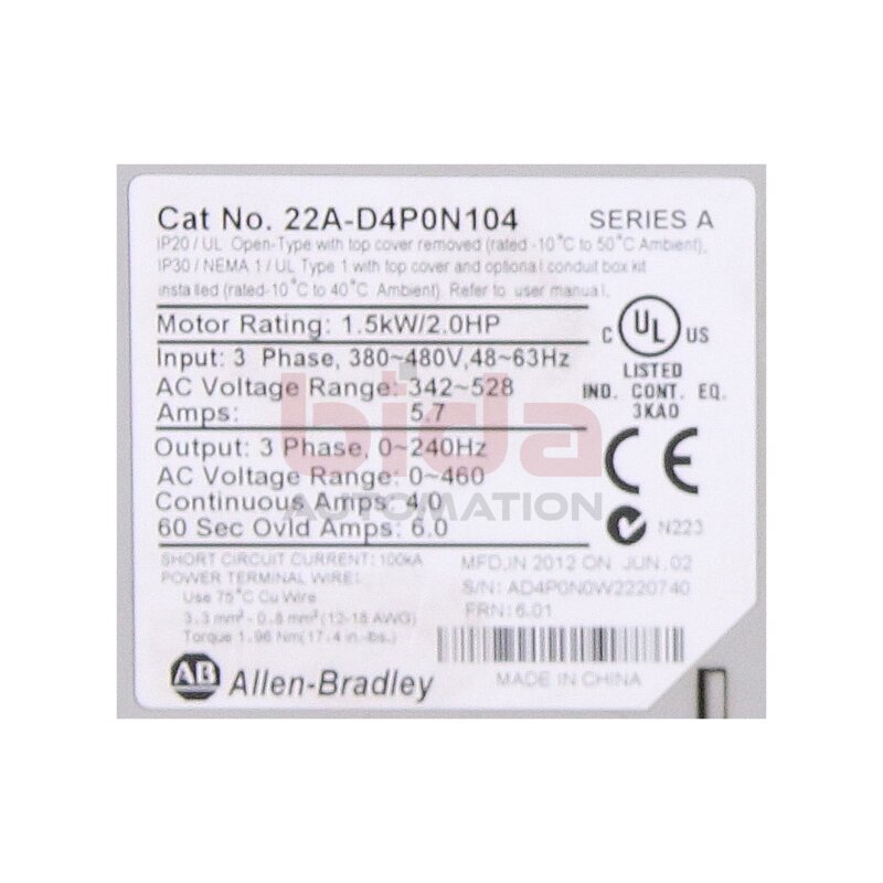 Allen-Bradley 22A-D4P0N104 Frequenzumrichter / Frequency Converter 380-480 v