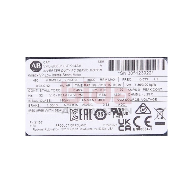 Allen-Bradley VPL-B0631U-PK14AA (00887172814488) Servomotor / Servo Motor 24VDC