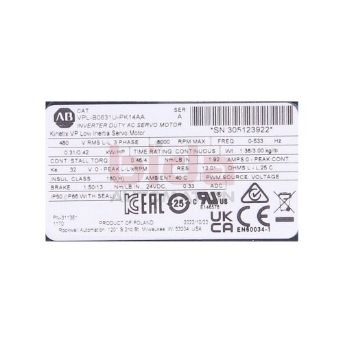 Allen-Bradley VPL-B0631U-PK14AA (00887172814488) Servomotor / Servo Motor 24VDC